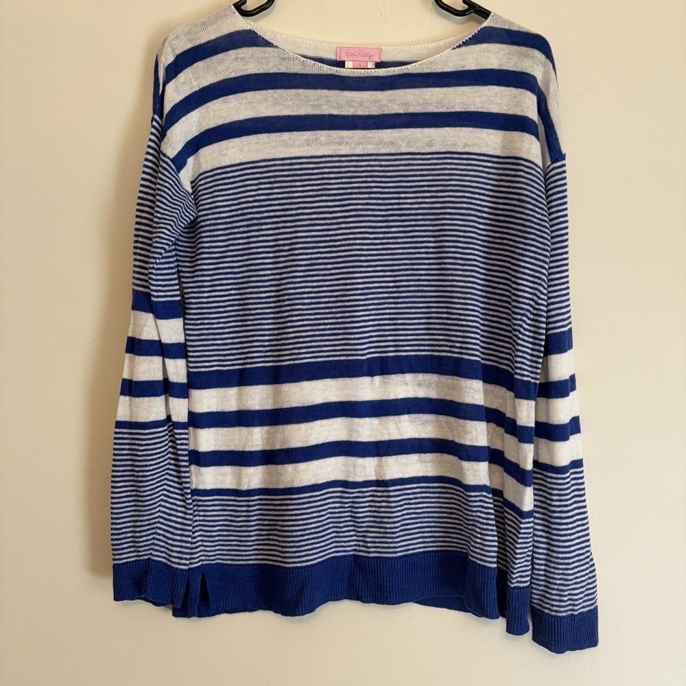 Lilly Pulitzer Camilla 100% Linen Top Size Small Blue Stripe Boatneck Sweater